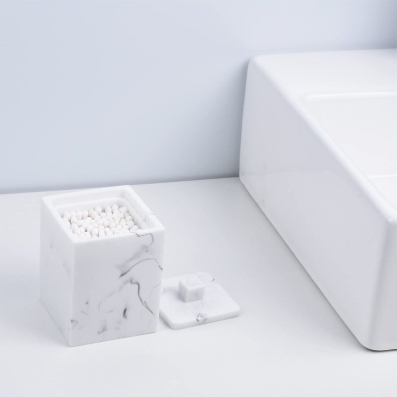 Jung Ford Qtip Holder for Bathroom with Lid â€“ Square Cotton Swab Organizer, Cotton Ball Dispenser, Makeup Pad Container â€“ Marble Look Resin Vanity Storage (White) - Image 4
